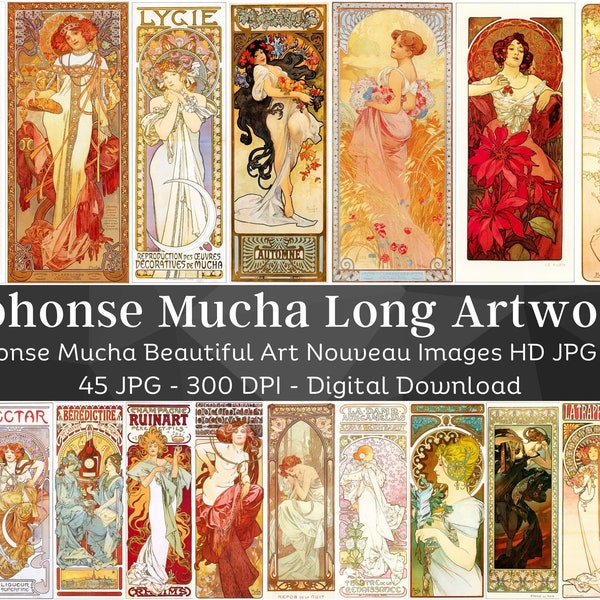 Alphonse Mucha Long Artwork Poster Images Ensemble 1 | 45 Pack JPG numérique HQ| Collection d’art mural d’affiches Art Nouveau antiques| Téléchargement instantané