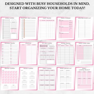 May include: A set of printable pink and white planner pages with titles such as "School Planner", "Valentine's Daily Planner", "Plant Tracker", "Travel Itinerary", "Christmas Bucket List", "Password Tracker", "Inventory", "Pet Care Planner", "Savings Tracker", "Weekly Chore Chart", "Monthly Planner", "Weekly Planner", "Yearly Planner", "Weekly Grocery List", and "Weekly Cleaning Checklist".