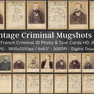 Könnte beinhalten: Ein Set mit 106 Vintage-Kriminalfotos aus Frankreich aus den 1890er Jahren. Jedes Foto ist ein Schwarzweißbild eines Gesichts, mit handschriftlichem Text auf einer Karte unter dem Foto. Der Text enthält den Namen der Person, das Alter und weitere Details. Die Fotos sind hochauflösende digitale Bilder, perfekt für historische Recherchen oder kreative Projekte.