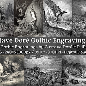 Puede incluir: Un conjunto de 36 imágenes digitales de alta resolución que presentan grabados góticos oscuros de Gustave Doré. Las imágenes tienen 2400 píxeles de ancho por 3000 píxeles de alto y son adecuadas para imprimir en formato 8x10 pulgadas con una resolución de 300 DPI. Las imágenes representan escenas de fantasía, mitología e historias bíblicas.
