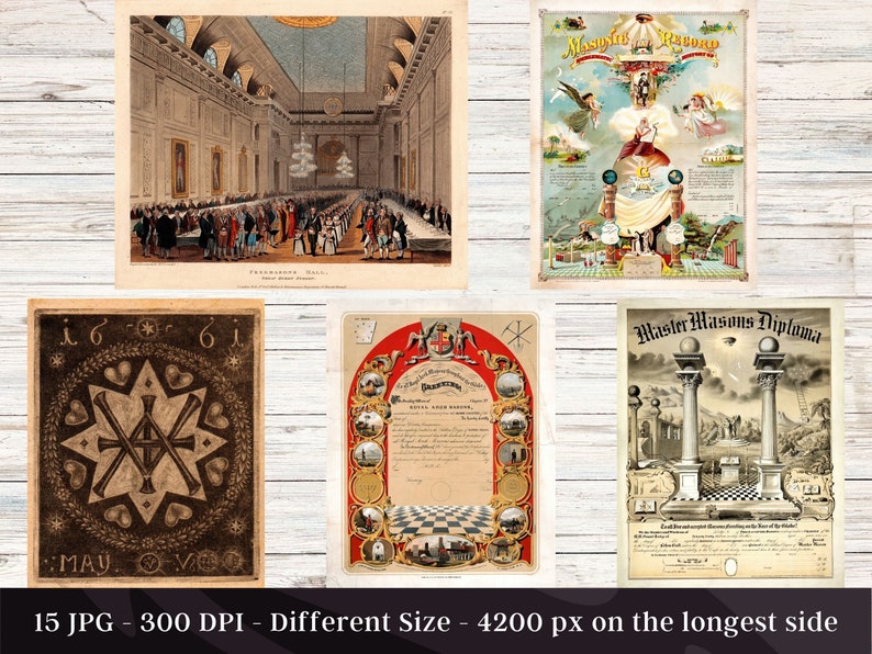 May include: A collection of 15 vintage Masonic images in JPG format, each measuring 4200 pixels on the longest side and at 300 DPI. The images feature various Masonic symbols, including a compass and square, a ladder, and a star. Some images include text, such as "Master Masons Diploma" and "Masonic Record".