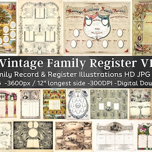 27 Vintage familierecordsjabloonillustraties V1 | Genealogische gegevens uit het Victoriaanse familieregister uit de jaren 1800 en 1900 | Ongewenste krant | Directe download
