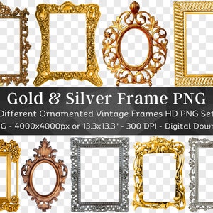 Luxus Rahmen Border Clipart 17 PNG Bundle| Silber & Gold Rahmen | Ornament Rahmen Sticker PNG| Botanischer Rahmen| Spiegel Rahmen PNG| Jugendstil