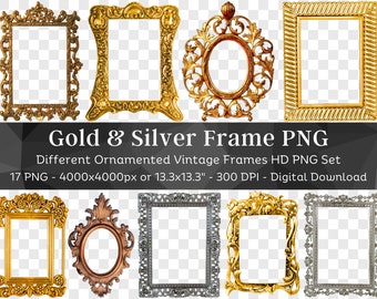 Marco de lujo Borde Clipart 17 PNG Paquete / Marco de plata y oro / Etiqueta de marco ornamental PNG / Marco botánico / Marco de espejo PNG / Art Nouveau
