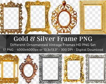 Luxury Frame Border Clipart 17 PNG Bundle| Silver & Gold Frame| Ornamental Frame Sticker PNG| Botanical Frame| Mirror Frame PNG| Art Nouveau