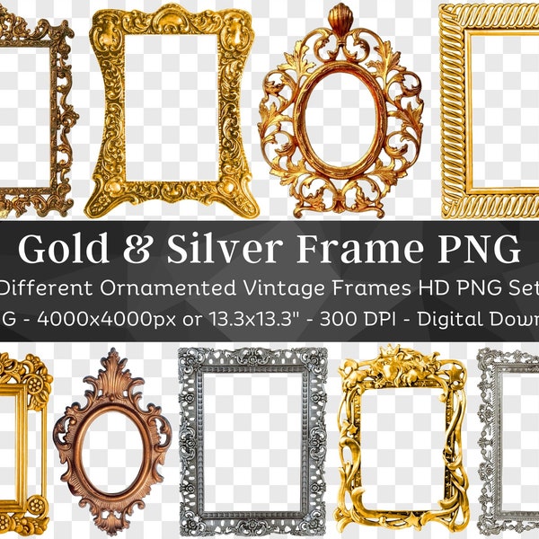Luxury Frame Border Clipart 17 PNG Bundle| Silver & Gold Frame| Ornamental Frame Sticker PNG| Botanical Frame| Mirror Frame PNG| Art Nouveau