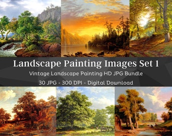 May include: A set of 30 vintage landscape painting images in a digital download bundle. The images are high-resolution (300 DPI) and feature a variety of scenes, including forests, mountains, rivers, and lakes. The images are perfect for use in digital scrapbooking, card making, and other creative projects.