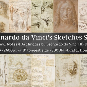 Leonardo Da Vinci Manuscript Notes 85 Digital Image Bundle 1 | Vintage Anatomy, Handwriting, Portraits from 1500s | Codex Paper, Scrapbook