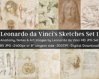 May include: A digital download set of 85 high-resolution JPG images of Leonardo da Vinci's sketches. The images are 2400 pixels or 8 inches wide and 300 DPI. The sketches include anatomical drawings, notes, and art images.
