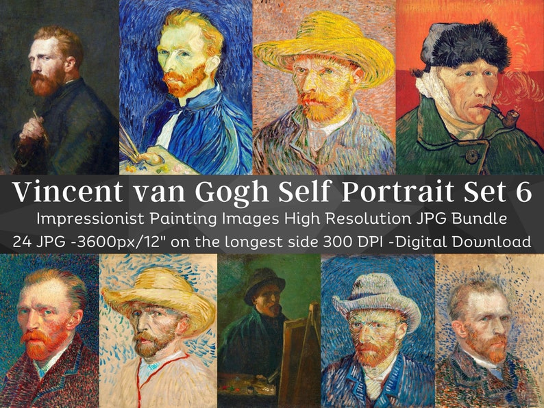 Puede incluir: Un conjunto de 24 im&aacute;genes digitales de alta resoluci&oacute;n de autorretratos de Vincent van Gogh. Las im&aacute;genes tienen 3600 p&iacute;xeles por 12 pulgadas en el lado m&aacute;s largo y 300 DPI. Las im&aacute;genes est&aacute;n en formato JPG.