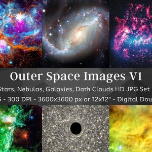 Puede incluir: Un conjunto de seis imágenes digitales del espacio exterior. Las imágenes muestran nebulosas, galaxias y nubes oscuras en varios colores. El texto "Outer Space Images V1" se muestra, con detalles sobre la descarga digital, 30.48cm x 30.48cm.