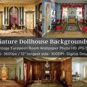 27 miniatuur poppenhuis achtergrondfoto's V2 | Europees retro huisinterieur | Victoriaanse thema poppenhuisbundel | Plakboek | JPG-illustraties