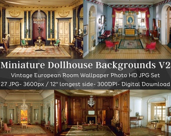 27 Miniature Doll House Background Photos V2 | European Retro House Interior | Victorian Theme Dollhouse Bundle | Scrapbook | JPG Clipart