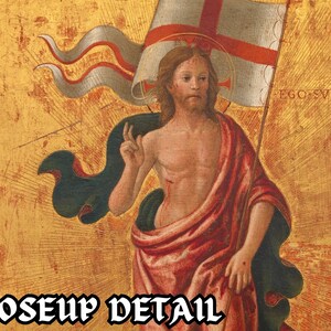 May include: A painting of a man with a red cross flag, the text "EGO SVM QVM" is visible in the background. The man is wearing a red robe and has a beard. The painting is set against a gold background.