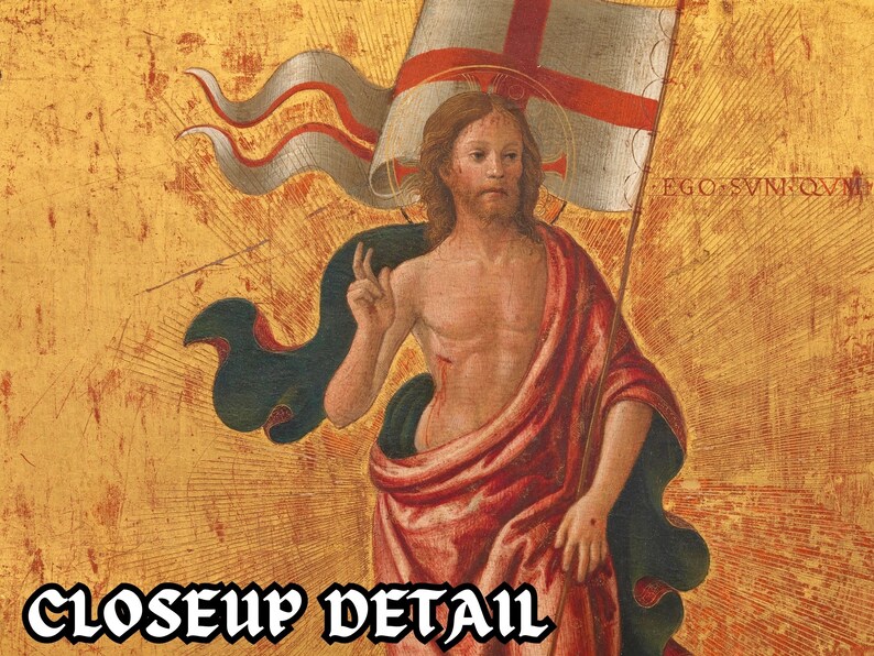 May include: A painting of a man with a red cross flag, the text "EGO SVM QVM" is visible in the background. The man is wearing a red robe and has a beard. The painting is set against a gold background.