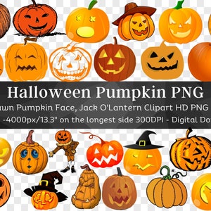 Holiday Clipart | Halloween 48 PNG Bundle | Smiling Carved Pumpkin Face, Jack O'Lantern Silhouette | Spooky Halloween PNG | Digital Download