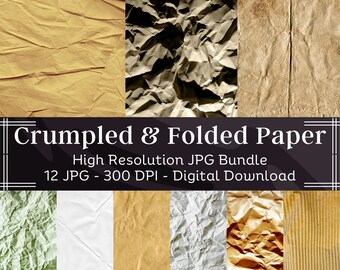 12 Crumpled & Folded Paper Texture | Photoshop Overlay | Brown White Paper Pack | Scrapbook | Procreate Paper Texture Bundle| Commercial Use