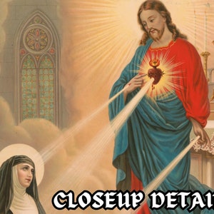May include: A vintage religious print depicting Jesus Christ with a glowing heart and a nun in the foreground. The image is set against a background of clouds and a stained glass window.
