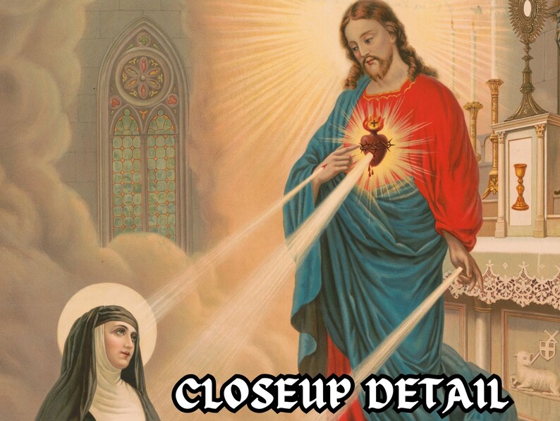 May include: A vintage religious print depicting Jesus Christ with a glowing heart and a nun in the foreground. The image is set against a background of clouds and a stained glass window.