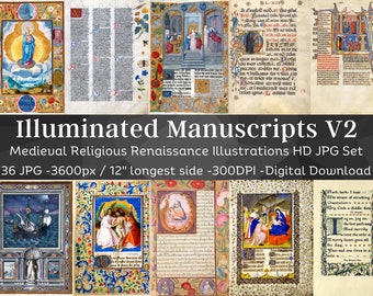 Illuminated Manuscript 36 Medieval Religious Renaissance Illustrations V2 | Gothic Vintage Printable Junk Journal Pages | Instant Download