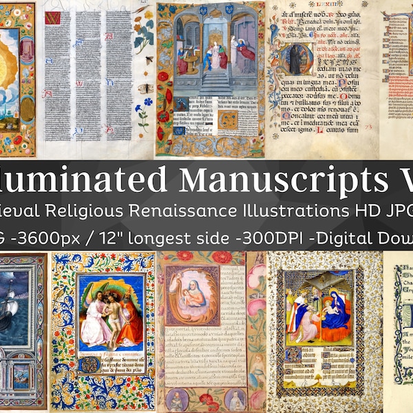 Illuminated Manuscript 36 Medieval Religious Renaissance Illustrations V2 | Gothic Vintage Printable Junk Journal Pages | Instant Download