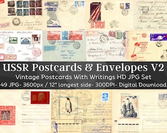 49 Vintage Handwritten USSR Postcards & Envelopes | Soviet Paper Bundle | Old Digital Paper Kit| Vintage Postcard Ephemera| Instant Download