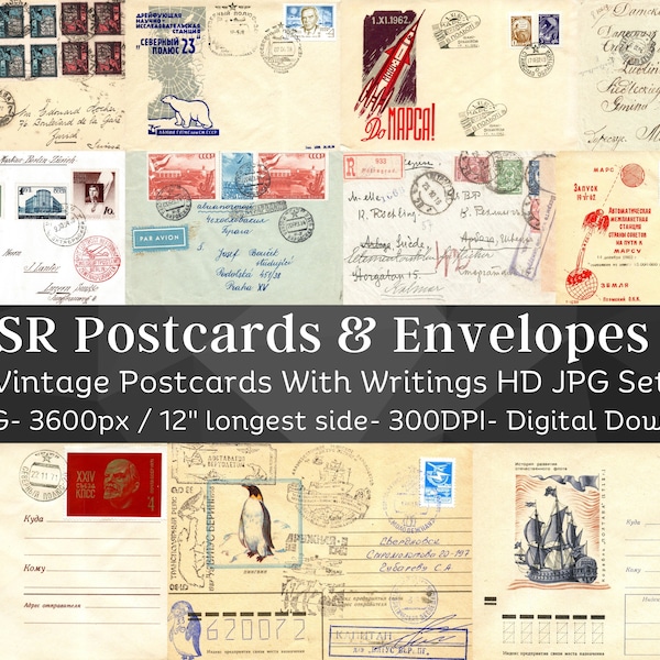 49 Vintage Handwritten USSR Postcards & Envelopes | Soviet Paper Bundle | Old Digital Paper Kit| Vintage Postcard Ephemera| Instant Download
