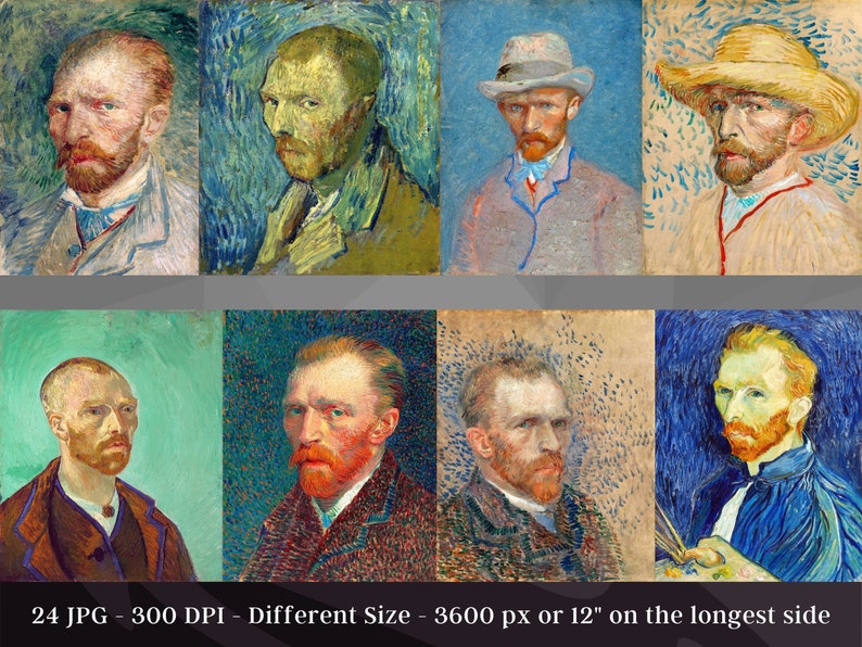 Puede incluir: Una colecci&oacute;n de ocho autorretratos de Vincent van Gogh, pintados en diferentes estilos y con fondos variados. Los retratos muestran a van Gogh a diferentes edades y con diferentes expresiones.