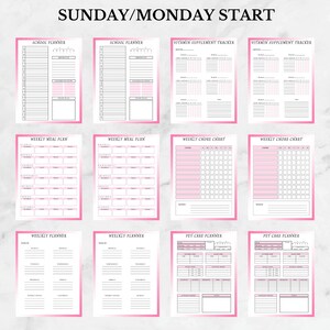 May include: Printable planner pages with a pink gradient background. The pages include sections for school, meal planning, chores, and pet care. The text "SUNDAY/MONDAY START" is at the top of the page.