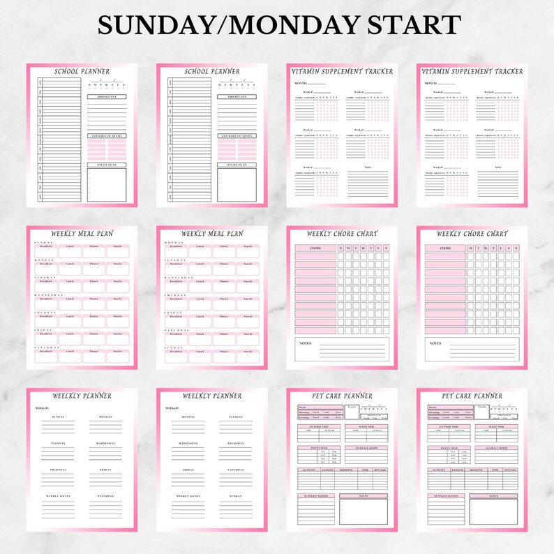 May include: Printable planner pages with a pink gradient background. The pages include sections for school, meal planning, chores, and pet care. The text "SUNDAY/MONDAY START" is at the top of the page.