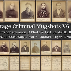 108 Vintage 1890s French Mugshots HD Image V6 | Prison Mugshot Criminal Photos | Mystery, Macabre, Halloween, Gothic Theme Digital Download