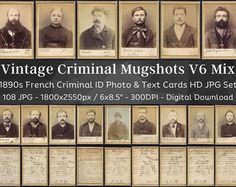 108 Vintage 1890s French Mugshots HD Image V6 | Prison Mugshot Criminal Photos | Mystery, Macabre, Halloween, Gothic Theme Digital Download