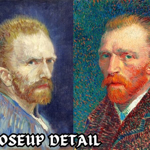 Puede incluir: Dos retratos de Vincent van Gogh, uno con fondo azul y el otro con fondo verde. Ambos retratos muestran a van Gogh con barba y una expresi&oacute;n seria.