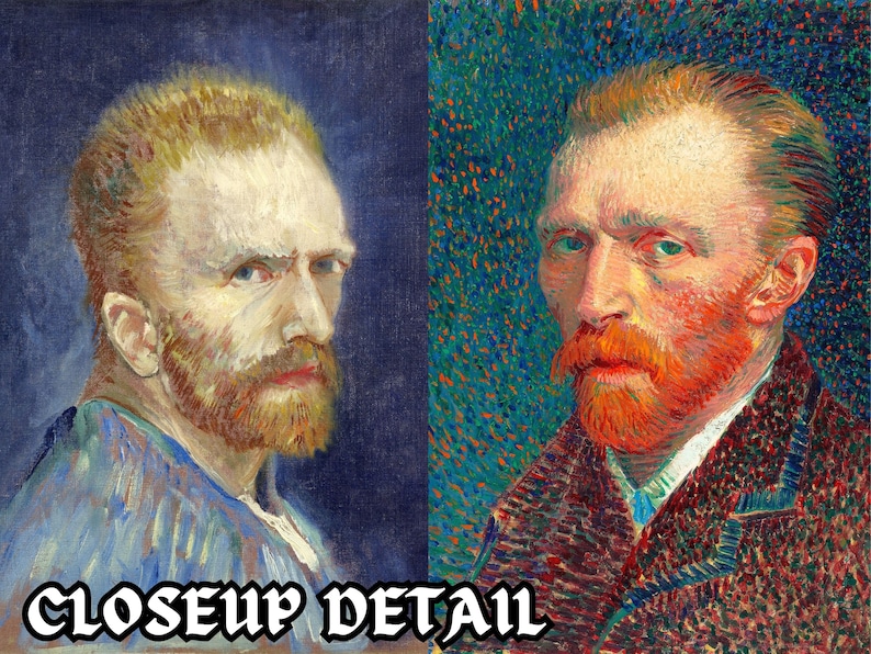Puede incluir: Dos retratos de Vincent van Gogh, uno con fondo azul y el otro con fondo verde. Ambos retratos muestran a van Gogh con barba y una expresi&oacute;n seria.