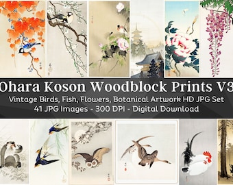 Ohara Koson Woodblock Print Artwork Images Set 3 | 41 HQ Digital JPG Bundle | Vintage Japan | Flowers Botanical Birds Fish| Instant Download
