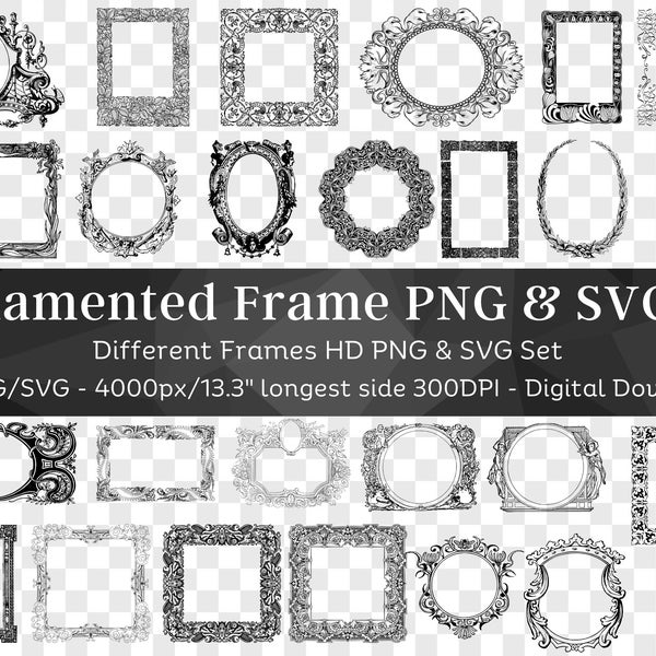 Frame Border Illustrations 32 SVG & PNG Bundle V1 | Ornate Frame svg | Baroque Frame svg | Princess frame svg| Art Nouveau| Mirror frame svg