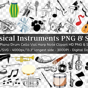Instrumentos musicales Clipart Set 115 PNG SVG / Orquesta Clip Art Bundle / Músico Piano Sax Violín Tambor Arpa Nota / Cricut Cut Files Vector