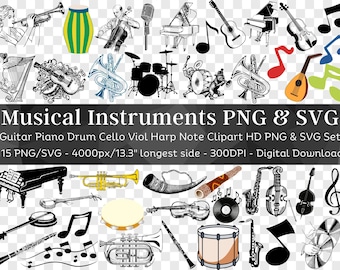Musical Instruments Clipart Set 115 PNG SVG | Orchestra Clip Art Bundle | Musician Piano Sax Violin Drum Harp Note | Cricut Cut Files Vector