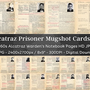 60 Vintage Alcatraz Inmate Prison Records with Mugshots HD Image V1 | Wardens Notebook Criminal Files | Crime Junk Journal| Digital Download