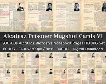 60 Vintage Alcatraz Inmate Prison Records with Mugshots HD Image V1 | Wardens Notebook Criminal Files | Crime Junk Journal| Digital Download