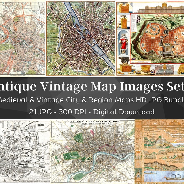 21 Antique City Map Images | Medieval Maps Set 6 | Scrapbook Junk Journal Town Map | Vintage Retro Map | Instant Download | Com. Use