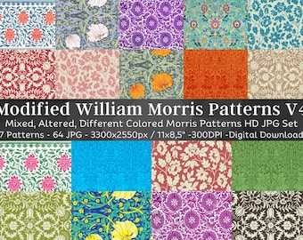 May include: A digital download of 7 different William Morris patterns in various colors. The patterns are 3300 x 2550 pixels and are 300 DPI. The patterns are perfect for crafting, scrapbooking, and other creative projects.