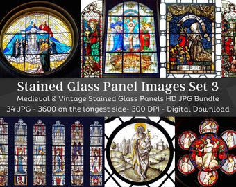 May include: A set of 34 digital images of stained glass panels. The images are high resolution and feature a variety of medieval and vintage designs. The panels depict religious scenes, including figures of saints and angels.