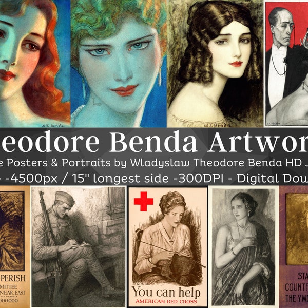 Wladyslaw Theodore Benda portraits et posters 15 images HQ JPG| Dessin d'une belle femme d'art mural d'artiste graphique | Téléchargement numérique