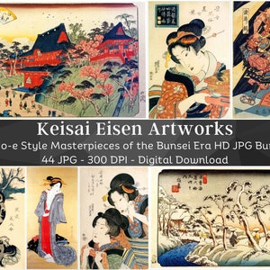 May include: A digital download bundle of 44 high-resolution JPG images featuring the artwork of Keisai Eisen. The images are in the Ukiyo-e style and depict scenes from the Bunsei Era of Japan. The images are 300 DPI and are ideal for printing or digital use.
