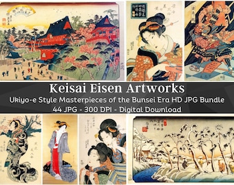 Keisai Eisen Ukiyo-e Artworks | 44 HQ Digital Image Bundle | Vintage Japan Woodblock Print Wall Art Collection| Bunsei Era| Instant Download