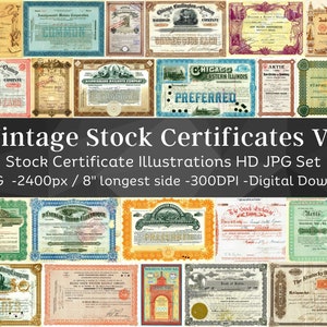 61 Ilustraciones de certificados bursátiles vintage V2 / Documentos de bonos de 1800-1900 y acciones de acciones / Ephemera de diario basura / Descarga instantánea