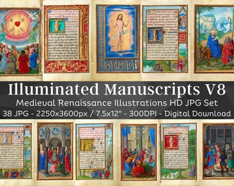Manuscrito iluminado 38 Ilustraciones medievales del Renacimiento religioso V8 / Páginas de diario basura imprimibles góticas vintage / Descarga instantánea