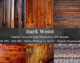 May include: A digital download bundle of 26 high-resolution JPG images featuring dark wood textures. Each image is 3600 x 3600 pixels, or 12 x 12 inches at 300 DPI. The images show various wood grains, knots, and patterns.