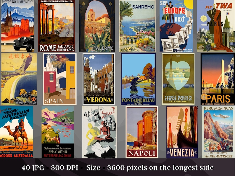 Vintage International Travel Poster Images | 40 JPG HQ Digital Image ...